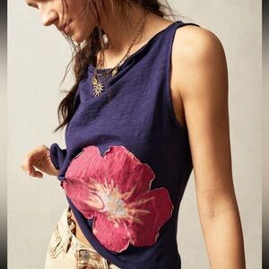 Women's Navy Tank Top with Pink Floral Applique